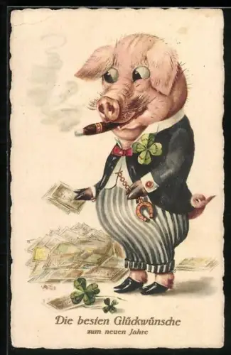 AK Schwein mit Zigarre zählt Geldscheine, Hufeisen, Kleeblatt