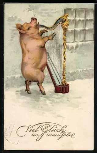 AK Schwein spielt auf der Harfe, Neujahrsgruss