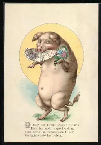 Lithographie Schwein mit Blumenstrauuss und Spielkarte in der Schnauze