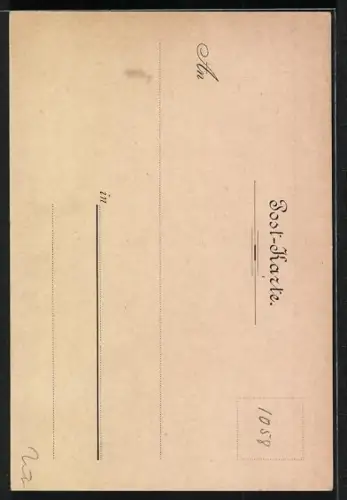 Lithographie Schwein mit Blumenstrauuss und Spielkarte in der Schnauze