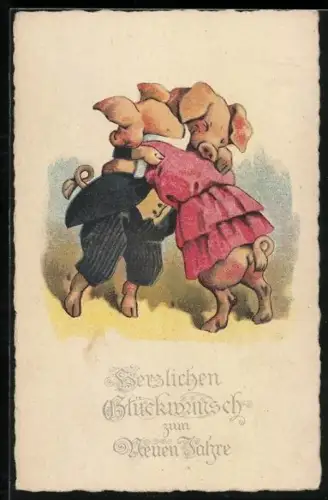 Künstler-AK Zwei Schweine umarmen sich
