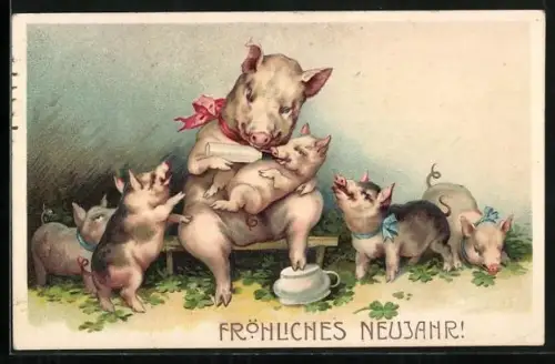 Künstler-AK Sau füttert ihre Junge aus einer Flasche
