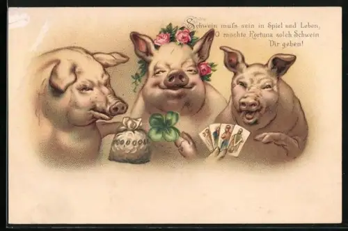 Künstler-AK Drei Schweine mit Klee, Feld und Spielkarten