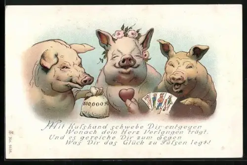 Lithographie Drei Schweine mit Geld, Herz und Spielkarten