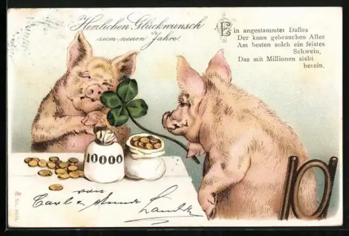 Lithographie Zwei Schweine sitzen mit Geld und Klee zusammen an einem Tisch