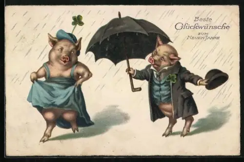 Künstler-AK Schwein im Anzug bietet Schwein im Kleid seinem Regendschirm an