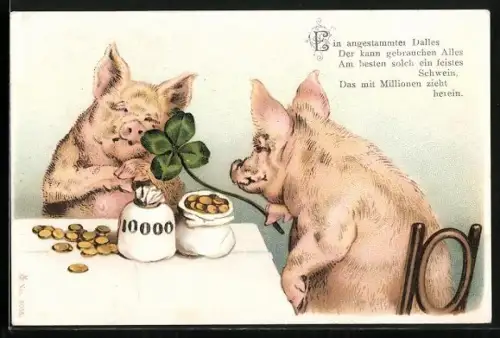 Lithographie Ein Schwein kitzelt ein anderes mit einem Kleeblatt