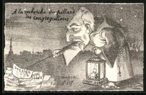 Künstler-AK sign. A. Molynk: Mönch sammelt Papier auf