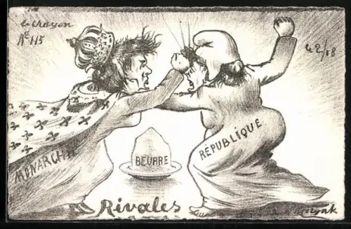 Künstler-AK sign. A. Molynk: Monarchie und Republik prügeln sich