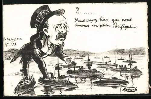 Künstler-AK sign. Molynk: Schlachtschiffe, Kreuzer und Unterseeboote der französischen Flotte
