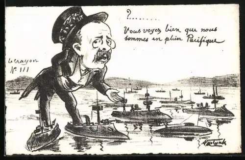 Künstler-AK sign. A. Molynk: Mann mit kleinen Kriegsschiffen