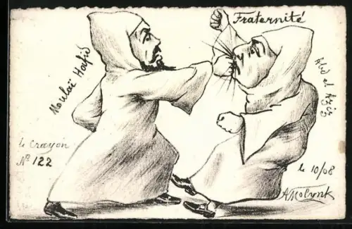 Künstler-AK sign. A. Molynk: Männer in Gewändern prügeln sich