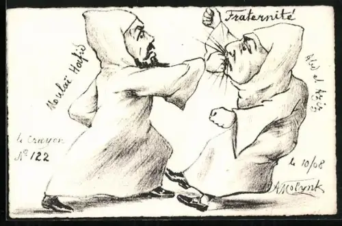 Künstler-AK sign. A. Molynk: Männer in Gewändern prügeln sich