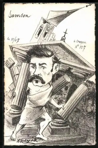 Künstler-AK sign. Molynk: Samson zerstört den Philistertempel, Allegorie auf die französische Politik