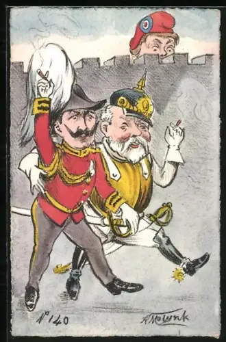 Künstler-AK sign. Molynk: Die französische Republik beäugt misstrauisch das Deutsche Kaiserreich