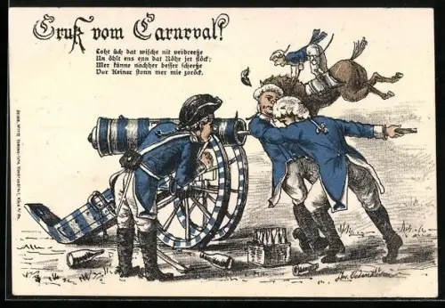 Lithographie Köln, Blaue Funken mit einer Kanone, Grüsse vom Carneval