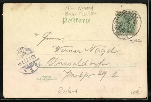 Lithographie Köln, Blaue Funken mit einer Kanone