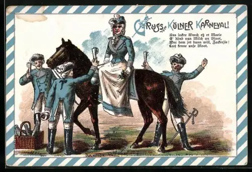 Lithographie Köln, Frau auf einem Pferd mit blauen Funken