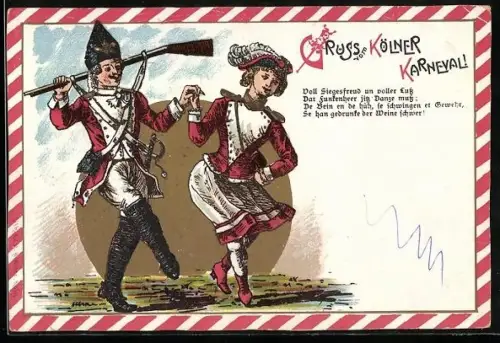 Lithographie Köln, Mann und Frau in Kostümen zum Kölner Karneval