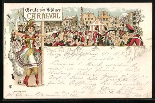 Lithographie Köln, Buntes Treiben, Frau mit Schild Gruss vom Kölner Carneval