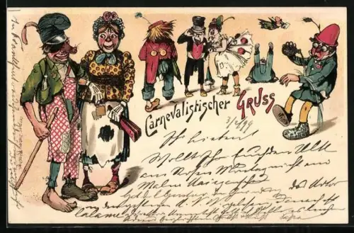 Lithographie Menschen in Kostümen zum Carneval