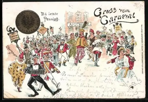 Lithographie Karnevalstreiben vor der Apotheke