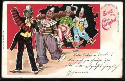 Lithographie Gruss vom Carneval, Kostümierte Herren mit riesiger Zigarre