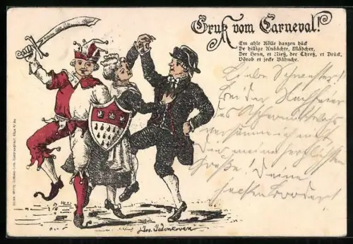 Lithographie Köln, Tanzendes Paar und Narr mit Schild