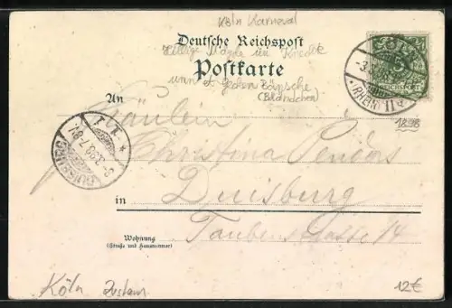 Lithographie Köln, Tanzendes Paar und Narr mit Schild