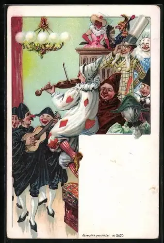 Lithographie Menschen in Kostümen musizieren