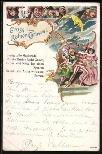 Lithographie Kölner Carneval, Carneval zog bei uns ein, Faschingstoll ist gross und klein...