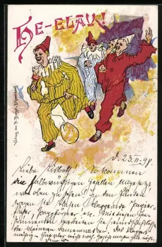 Lithographie Clowns rennen zusammen, He-Elau