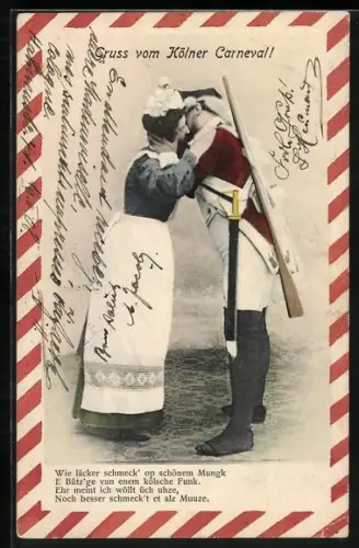 AK Köln, Kölscher Funk küsst eine Frau, Gruss vom Kölner Carneval