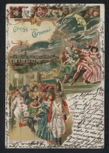 Lithographie Menschen in Kostümen zum Carneval, Mondsichel mit Gesicht