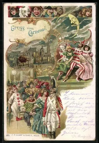 Lithographie Köln, Gruppen in Kostümen bei Nacht