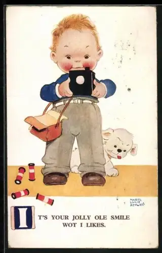 Künstler-AK Mabel Lucie Attwell: Kleiner Junge mit Kamera und Hund, It`s your jolly ole smile wot I likes