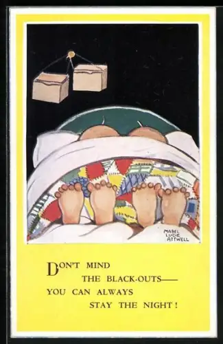 Künstler-AK Mabel Lucie Attwell: Zwei Paare Füsse unter Bettdecke mit Quilt, Don`t mind the black-outs