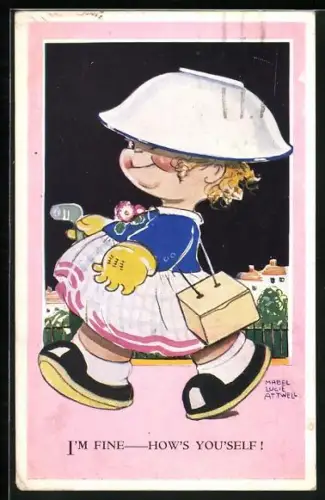 Künstler-AK Mabel Lucie Attwell: Mädchen spaziert mit Schüssel auf dem Kopf, I`m Fine - How`s you`self!