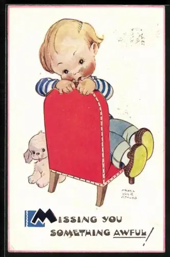 Künstler-AK Mabel Lucie Attwell: Kleinkind auf rotem Stuhl schaut über Rückenlehne, Missing you something awful!
