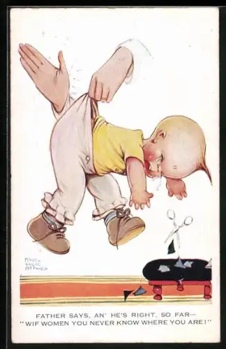 Künstler-AK Mabel Lucie Attwell: Weinendes Kleinkind kriegt einen Klaps, Father says, an` he`s right, so far