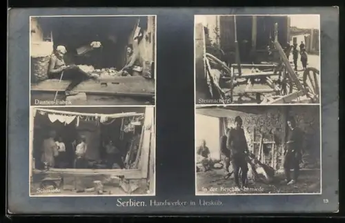 AK Skopje / Ueskueb, Handwerker, Daunen-Fabrik, Stellmacherei, Schmiede