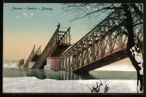 AK Semlin, Zerstörte Eisenbahnbrücke im Winter