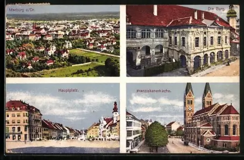 AK Maribor / Marburg, Ortsansicht, Burg, Hauptplatz und Franziskanerkirche