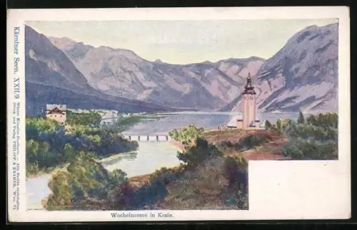 Künstler-AK Krain, Wocheinersee und Bergpanorama, Um 1900