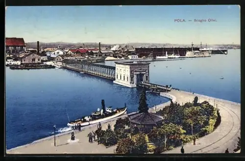 AK Pola, Scoglio Olivi, Hafenpartie mit Dampfer
