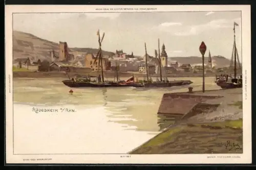 Künstler-AK Carl Biese: Rüdesheim / Rhein, Uferpartie