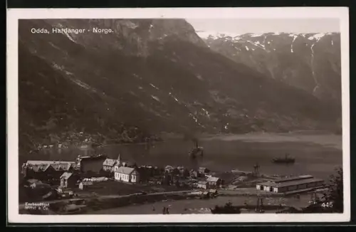 AK Odda, Totalansicht mit Fjordpanorama, Dampfer