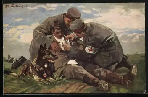 Künstler-AK Sanitätshund und Sanitäter mit Rotes Kreuz Armbinden beim Verwundeten