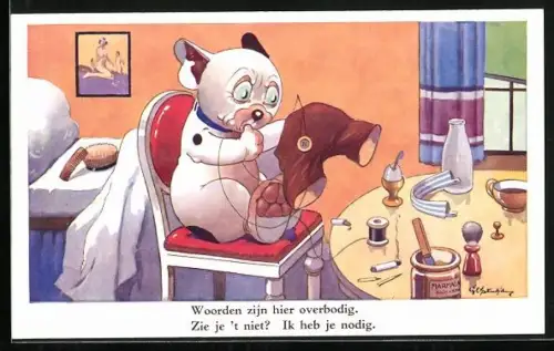 Künstler-AK George Ernest Studdy: Bonzo, Hund flickt seine Hose mit Nähzeug