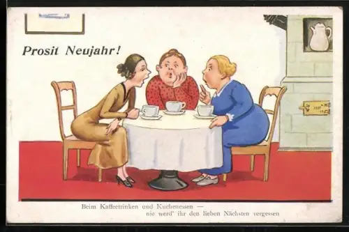 AK Drei Frauen beim Kaffeeklatsch, Neujahrsgruss